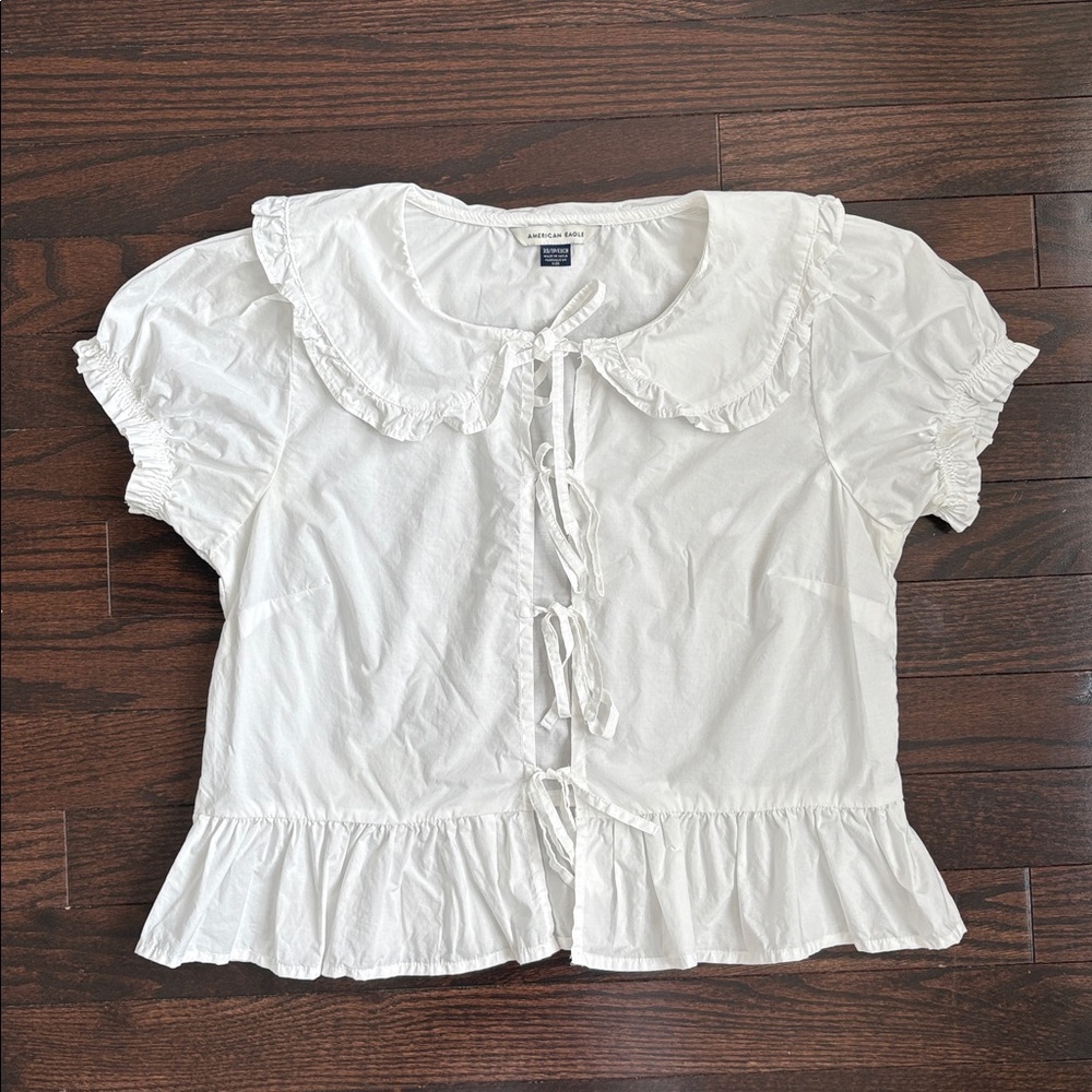 American Eagle White Ruffled Collar Bow Blouse